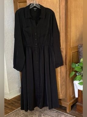 Torrid Midi Studio Crepe De Chine Long Sleeve Shirt Dress Deep Black Size 00 -L